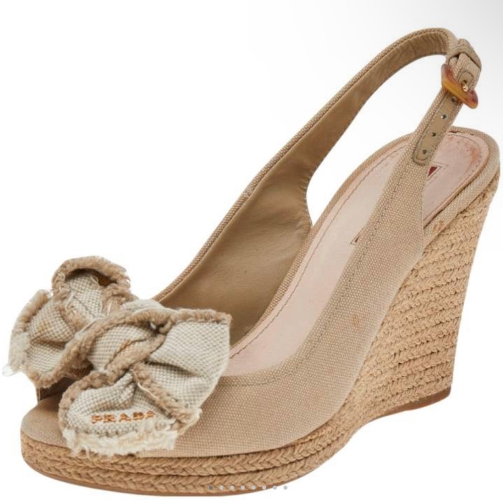 Prada Espradille Bow Linen Beige Taupe Slingback Wedge Heel